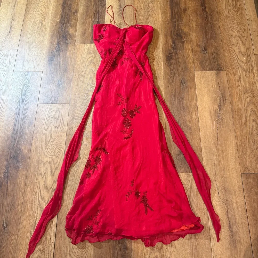 Vintage Y2K 100% Silk Beaded Dress Vintage Beaded Dress Red Fairy Prom Silk Gown - Picture 9 of 16